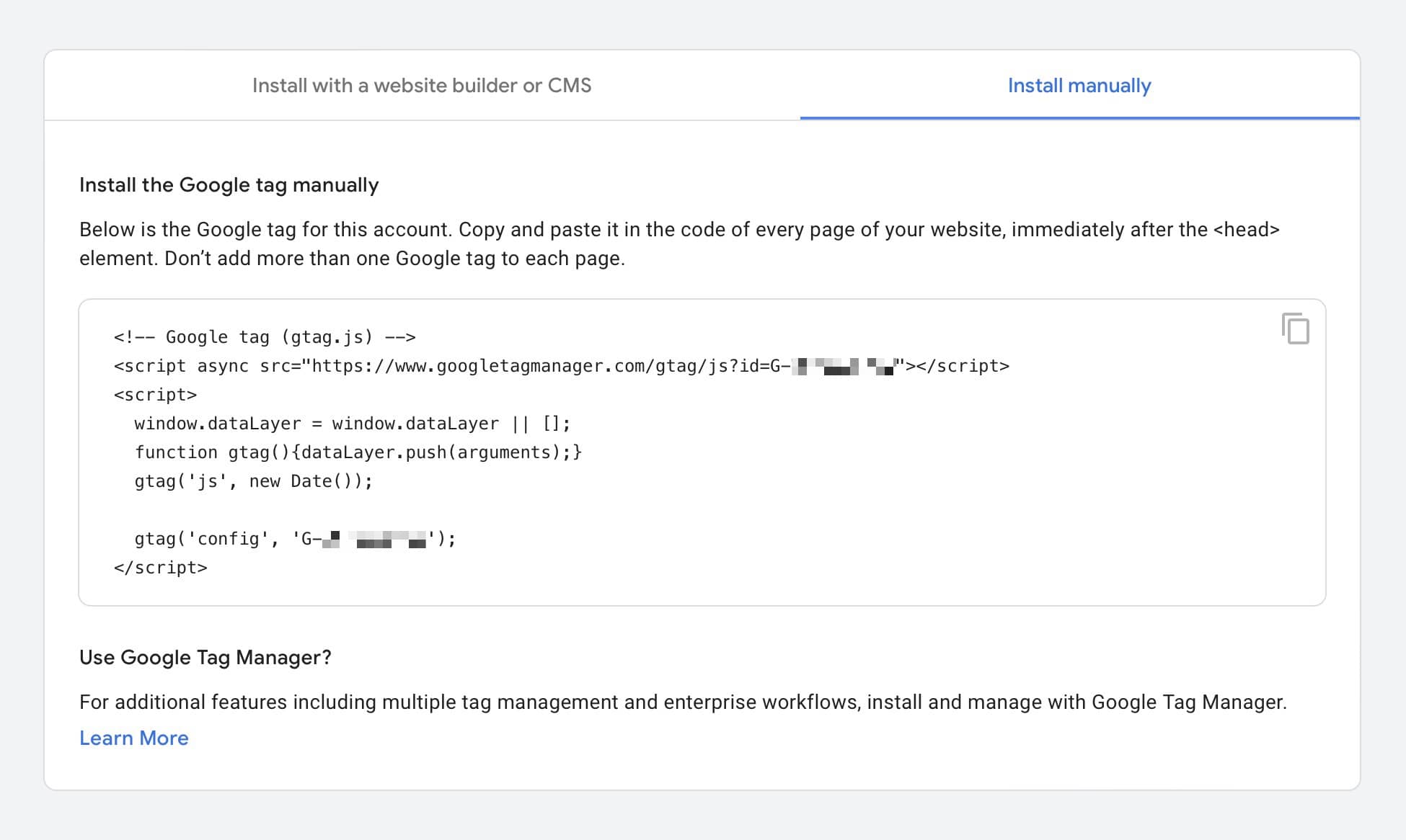 installing google tag code manually